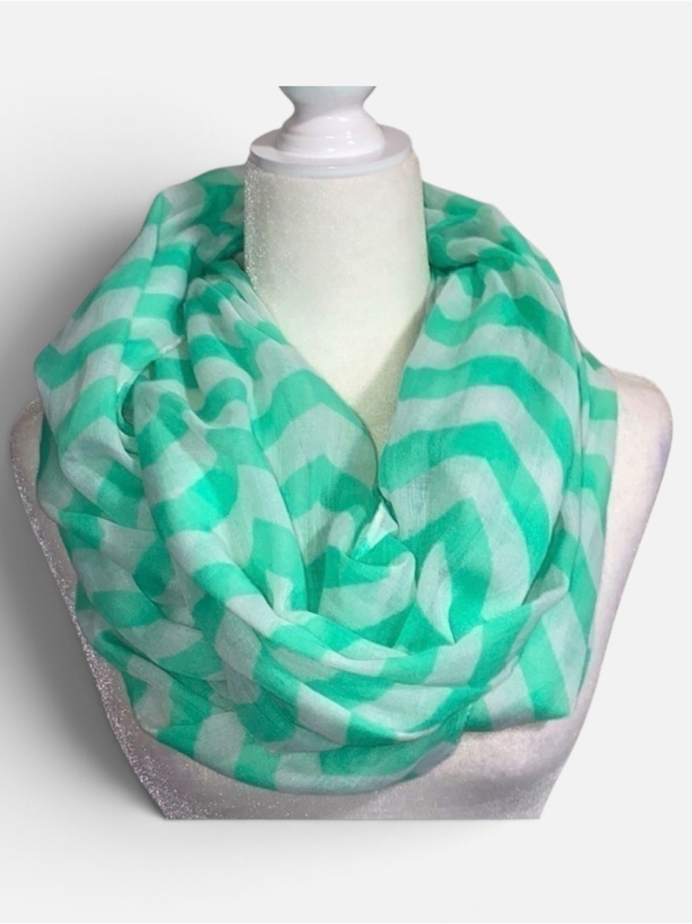 Mint Green Teal White Chevron Lightweight Continuous Loop Circle Scarf